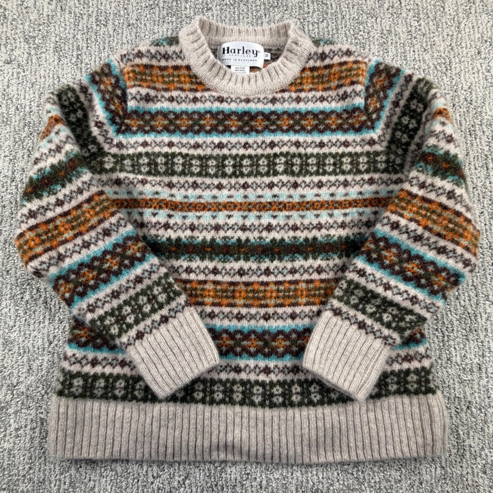 Harley of Scotland Sweater Medium Multi Fair Isle Wool Crewneck Knit Scotland